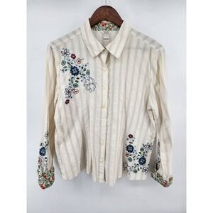 Christopher & Banks Floral Embroidered Striped Button Down Shirt L